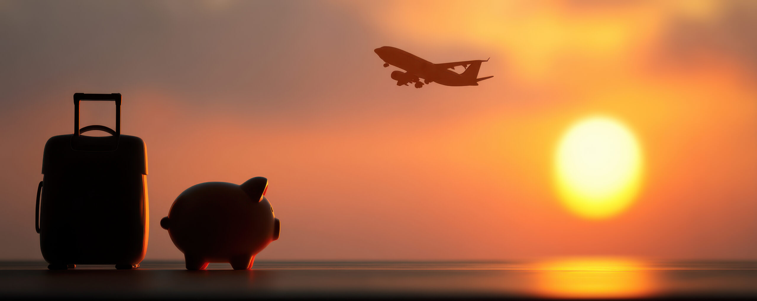 A Travel suitcase and piggy bank silhouette against sunset with airplane taking off
